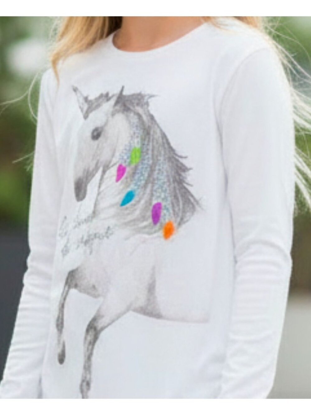Girls XL Hanes Long-Sleeve White T-Shirt With Unicorn Graphic & Glitter Accents